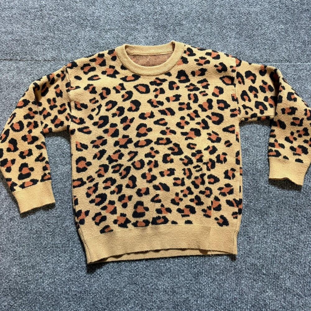 Leopard Print Sweater Kids Medium Brown Knit Crew Neck Pullover Long Sleeve